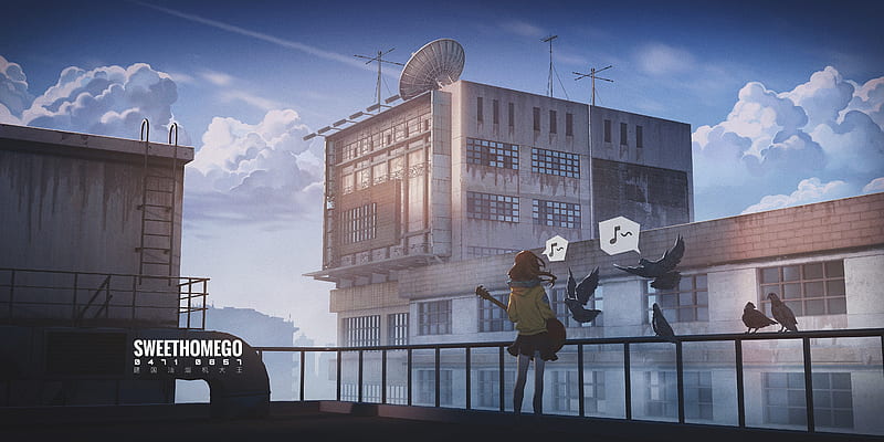 Anime city, rooftop, buildings, scenery, clouds, guitar, anime girl, Anime,  HD wallpaper | Peakpx