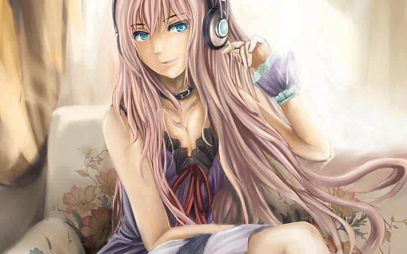 anime girl with brown hair and blue eyes and headphones
