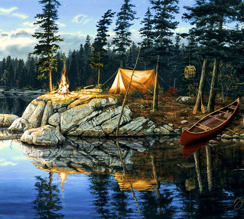 Charming John Deere Landscape, forest, painting, tent, river, canoe, reflection, artwork, HD wallpaper