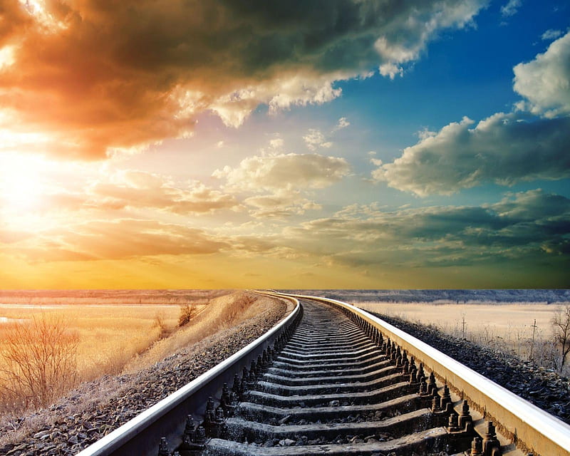 Railroads, rail, sunshine, train, HD wallpaper