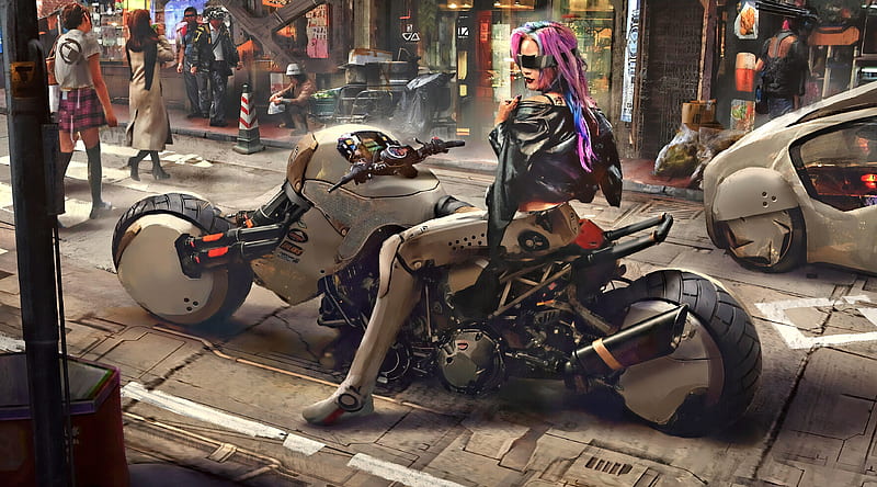 Cyberpunk Art Ultra, Artistic, Fantasy, City, Girl, Female, Urban, Motorcycle, streets, bike, scifi, cyborg, Cyberpunk, sciencefiction, HD wallpaper