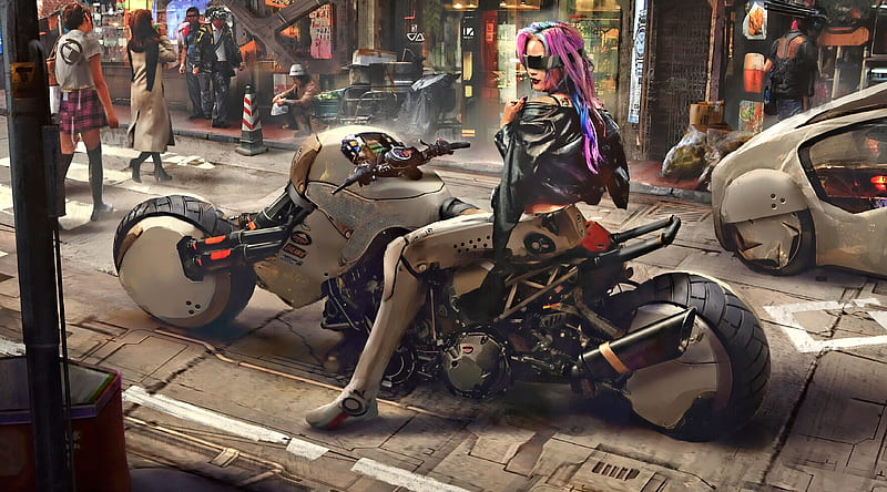 Wallpaper : ai art, cyberpunk, city, women, Biker girl 3136x1792