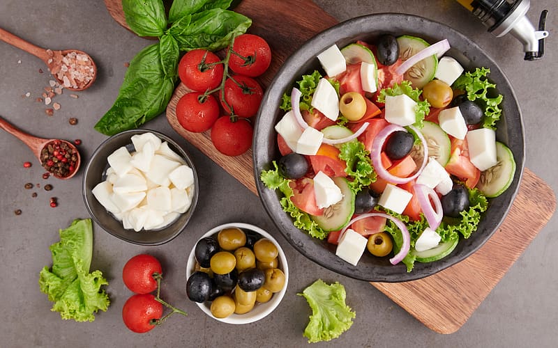 Salad, tomatoes, olives, cheese, HD wallpaper