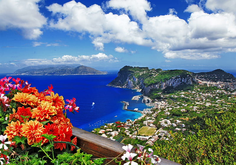 Capri, Italy, exotic, view, Italy, Capri, travel, bonito, sky, sea, summer, flowers, village, HD wallpaper