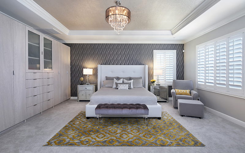 luxurious bedroom, modern interior, purple bedroom, bedroom design, HD wallpaper