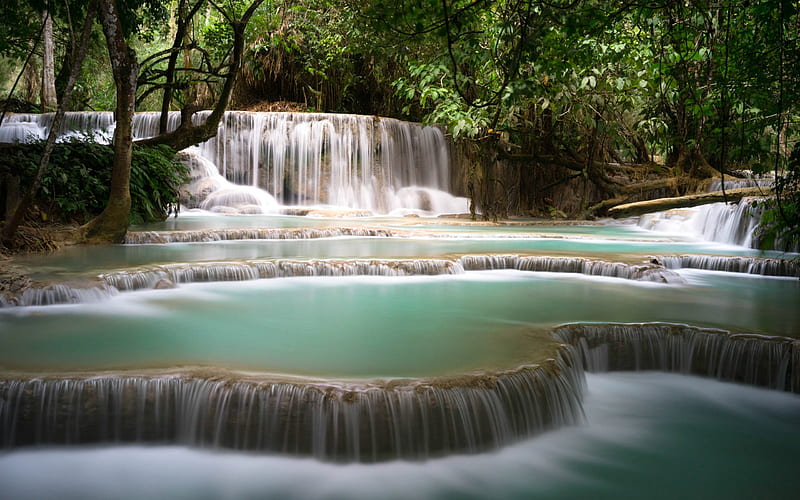 Tat Kuang Si Waterfall, Laos, waterfall, nature, laos, trees, HD wallpaper