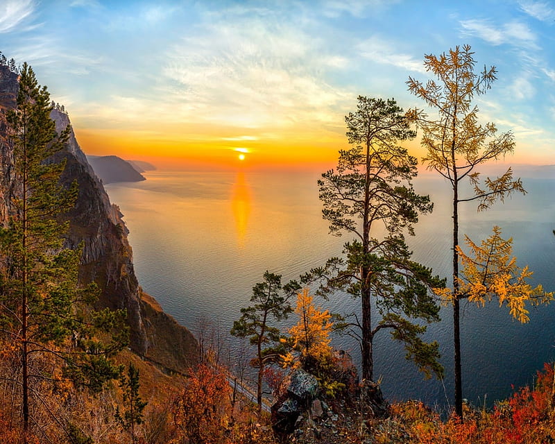 Lake Baikal,Russia, autumn, rock, nature, sunset, trees, clouds, lake, HD wallpaper