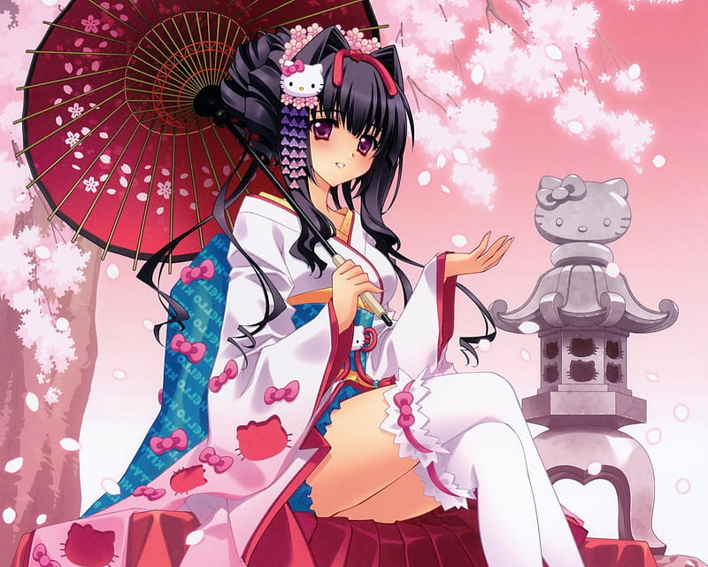 Hello Kitty, pretty, dress, umbrella, bonito, sweet, blossom, nice, japan,  anime, HD wallpaper | Peakpx