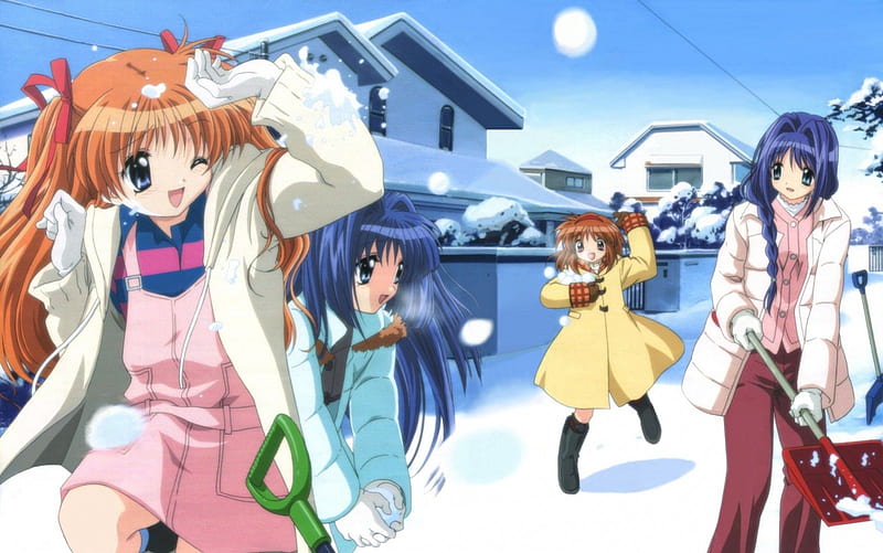 Snowball Throwing, kanon, makoto, anime, nayuki, ayu, HD wallpaper