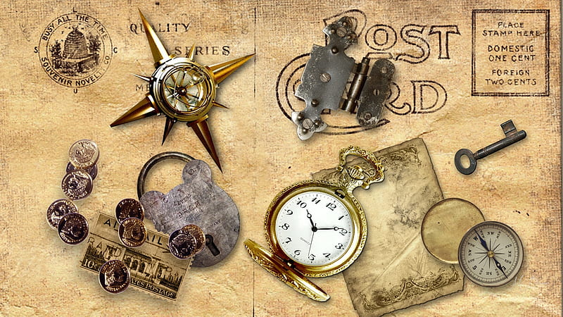 Grandfather's Time, keys, hinge, pocket watch, coins, compass, father, post card, locks, grandpa, HD wallpaper