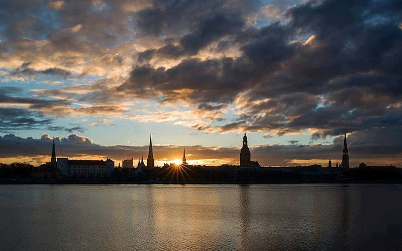 Towers of Riga at Sunrise, Latvia, Riga, towers, Latvia, sunrise, clouds, panorama, HD wallpaper