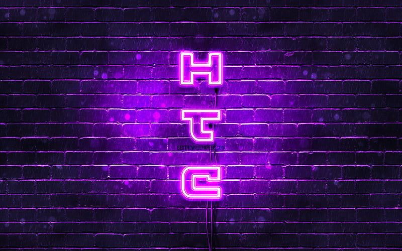 HTC violet logo, vertical text, violet brickwall, HTC neon logo, creative, HTC logo, artwork, HTC, HD wallpaper