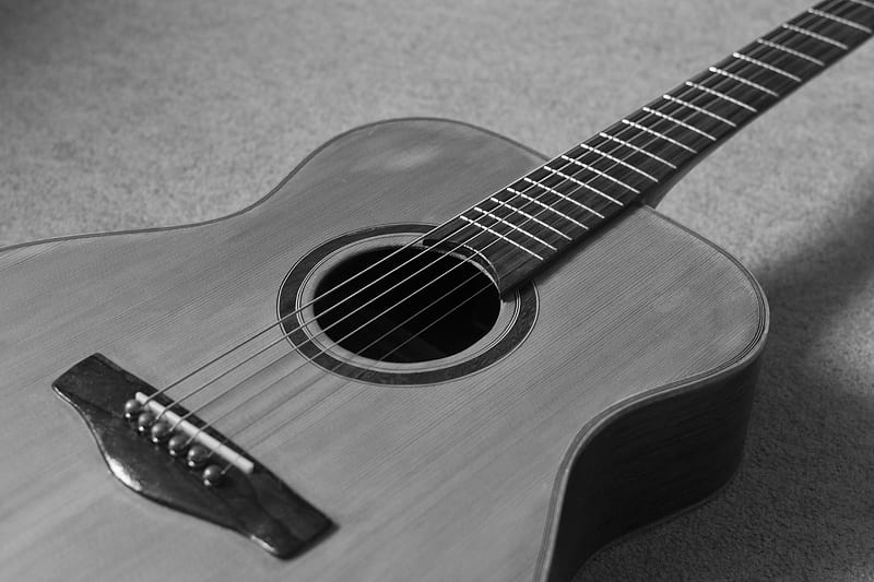 acoustic guitar, guitar, strings, music, black and white, HD wallpaper