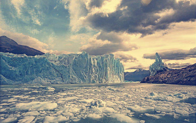 glacier, blocks of ice, mountain landscape, rocks, Argentino Lake, Perito Moreno Glacier, Argentina, Los Glaciares National Park, Patagonia, HD wallpaper