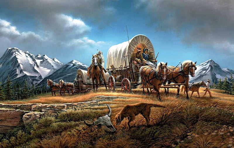 Early Pioneers F2, art, equine, artwork, horses, wilderness, wagon, painting, wide screen, settlers, scenery, pioneers, landscape, HD wallpaper