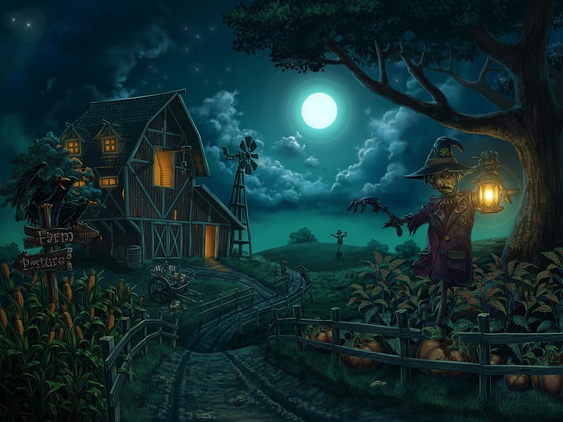 Scarecrow Corn Field, corn, house, scarecrow, fantasy, moonlight, HD wallpaper