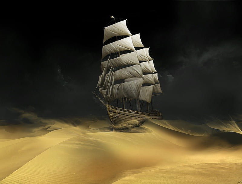 Sailing in the wind..., desert, wind, sailing, pirate, boat, fantasy, sand, in, ship, HD wallpaper