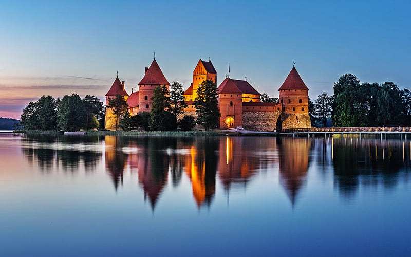 Trakai Castle lake, lithuanian landmarks, sunset, Lithuania, Europe, HD wallpaper