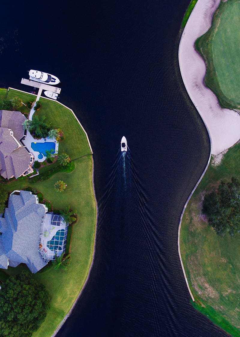 boat, strait, yacht, coast, aerial view, HD phone wallpaper
