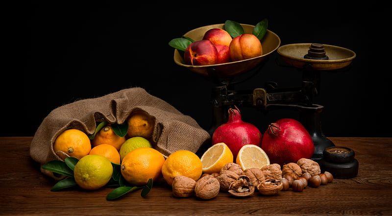 Food, Still Life, Fruit, Lemon, Nectarine, Nut, HD wallpaper