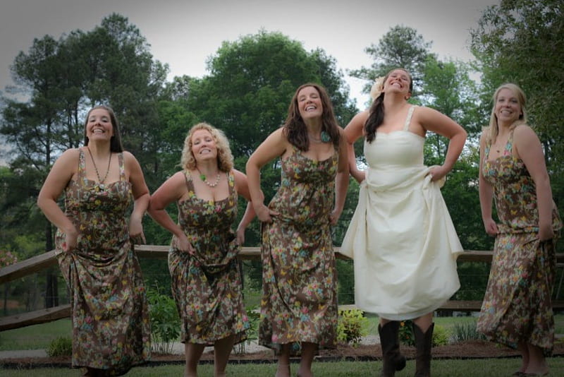 Wedding Party, dress, boots, trees, cowgirl, HD wallpaper