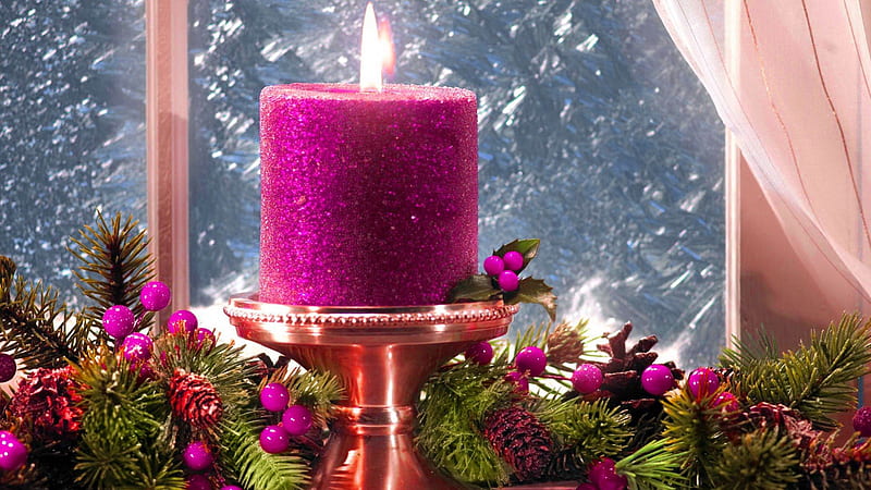Cristmas candle, pretty, bonito, cold, nice, flame, light, frost, candle, lovely, window, holiday, christmas, new year, winter, icy, merry christmas, snow, berries, snowflakes, ice, frozen, HD wallpaper