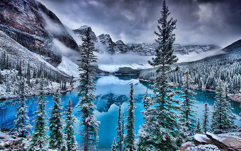 Moraine Lake, winter, Banff, R, blue lake, North America, mountains, forest, Banff National Park, Canada, Alberta, HD wallpaper