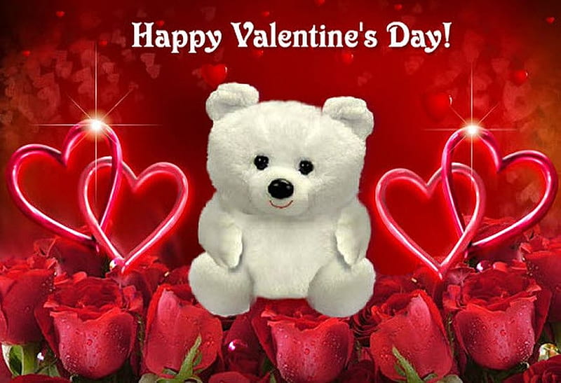 Happy Valentine´s day, red, rose, holiday, love, teddy, valentine, HD wallpaper