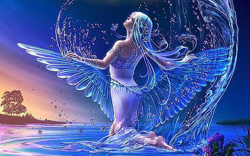 Soft Blue Angel, water, fantasy, wings, angel, HD wallpaper
