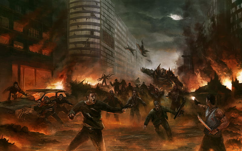 City Horde, zombies, horde, fire, dead frontier, HD wallpaper