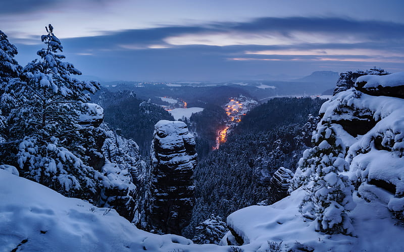 mountains, winter, mountain valley, evening, Elbe Sandstone Mountains, Saxon Switzerland, Germany, HD wallpaper