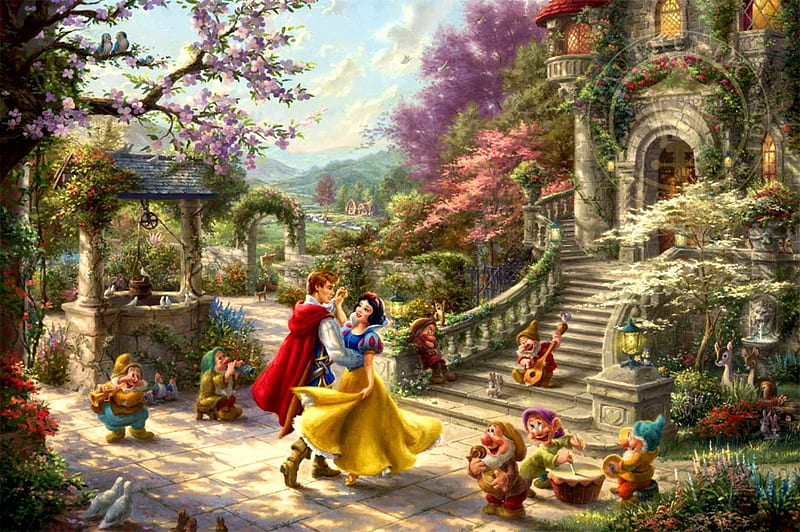Snow White Dancing in the Sunlight, dwarfs, painting, flowers, garden, stairs, castle, artwork, pair, HD wallpaper