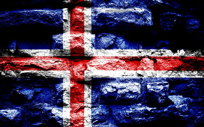 Iceland flag, grunge brick texture, Flag of Iceland, flag on brick wall, Iceland, Europe, flags of european countries, HD wallpaper