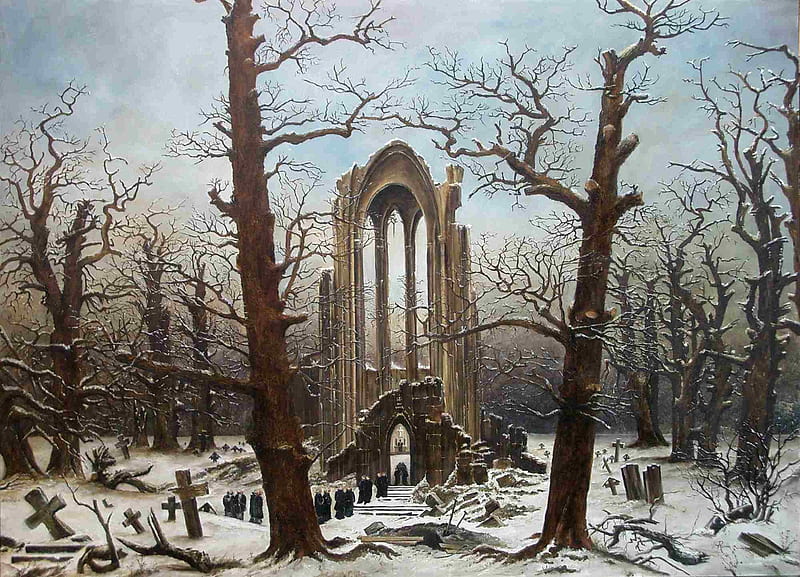 Church Ruins, forest, art, dark, painting, ruins, work, church, HD wallpaper