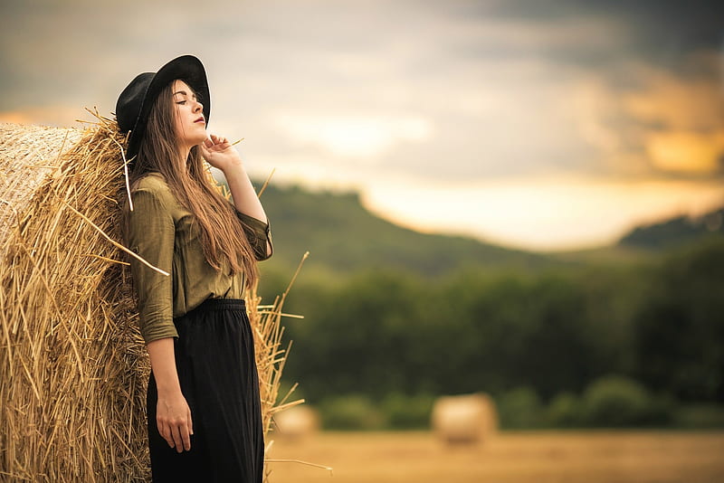 Smell The Fresh Cut Hay . ., female, hats, cowgirl, ranch, outdoors, women, brunettes, hay field, western, style, HD wallpaper