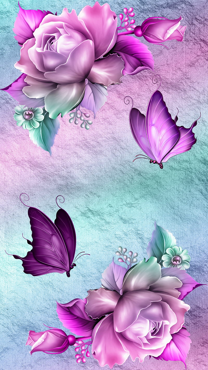 When Unicorns Meet, butterflies, colorful, dreams, painting, purple, roses, HD phone wallpaper
