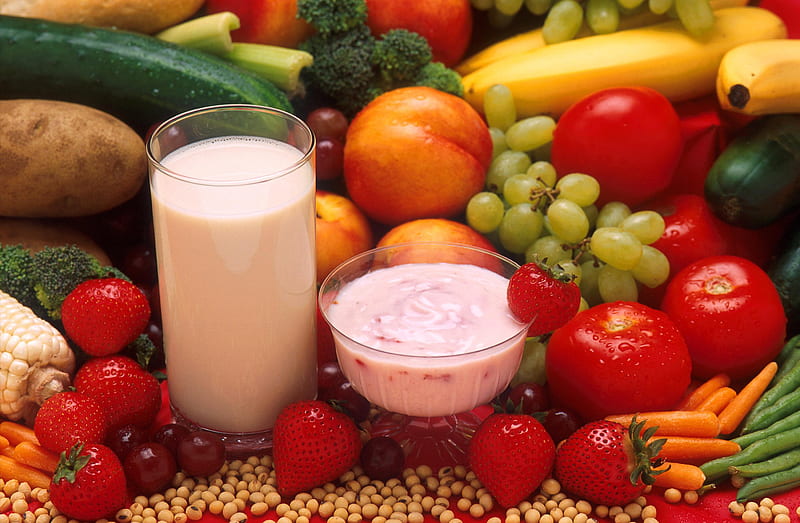 Fresh colors, graphy, fruits, colors, milk, yogurt, vegetables, HD wallpaper