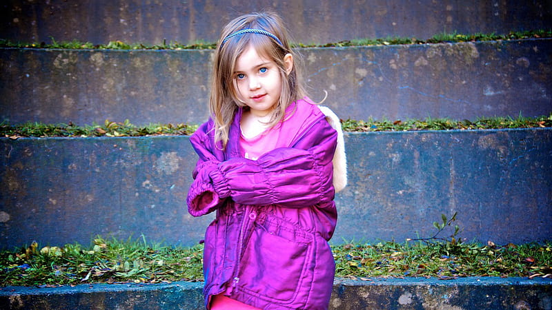 Blue Eyes Cute Little Girl Is Wearing Purple Jacket Standing In Front ...