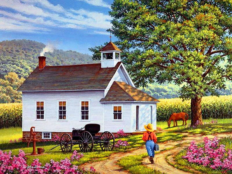 Just in time, colorful, house, cottage, countryside, calm, painting, path, village, flowers, art, quiet, time, spring, sky, trees, freshness, boy, serenity, peaceful, summer, HD wallpaper