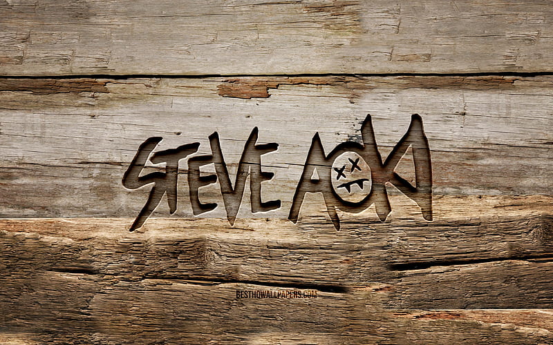 Steve Aoki wooden logo american DJs, wooden backgrounds, music stars, Steve Hiroyuki Aoki, Steve Aoki logo, creative, wood carving, Steve Aoki, HD wallpaper