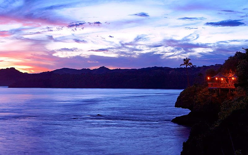 Blue sunset, pavillion, rocky, bonito, sunset, clouds, lights, beach, mountain, bluee, nature, evening, hill, HD wallpaper