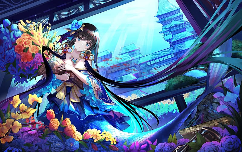 Mermaid, blue, anime, kiek qaq, flower, girl, manga, siren, HD ...