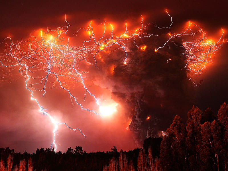 Lightning in Volcanic Ash, cloud of fire and smoke, orange, smother, dusk, yellow, clouds, fog, sombre, lightness, puyehue, bright, shadows, strength, forests, ashes, cordon-caulle, flush, chile, brightness, force, dusky, pression, black, lava, forces of nature, storm, trees, fire, cloud of smoke, lightning, rays, white, red, violence, south america, action, brown, iluminated, power, trunks, volcano, dimness, leaves, puyehue volcano, darkness, vitality, vigor, smoke, ilumination, light, night, volcano puyehue, maroon, potency, leaf, fume, flames, dark, atmospheric phenomenon, nature, phenomenon, over, branches, natural, HD wallpaper