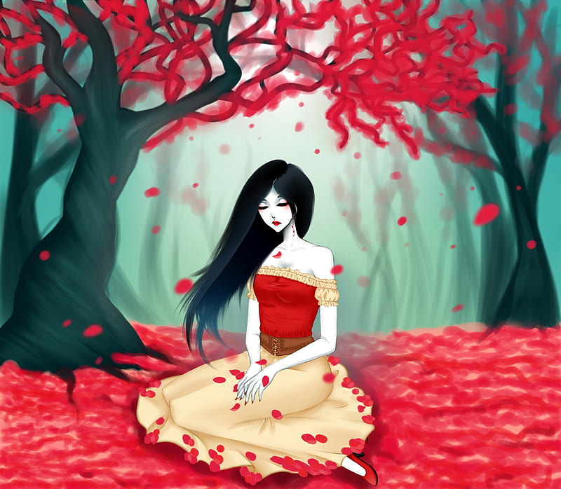 Marceline, pretty, dress, adventure time, bonito, sweet, nice, anime, beauty, anime girl, vampire, long hair, black hair, forest, female, trees, cool, awesome, petals, red eyes, HD wallpaper