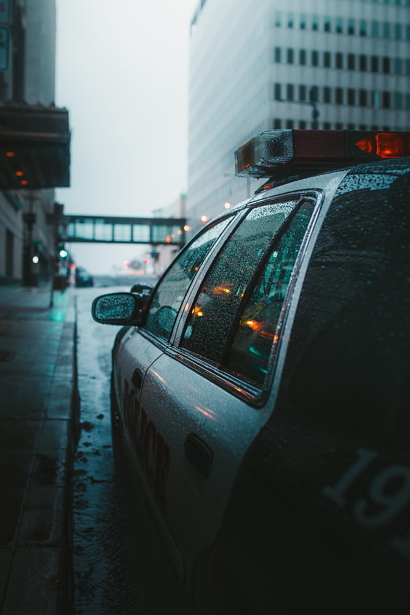 police, car, street, city, rain, fog, HD phone wallpaper