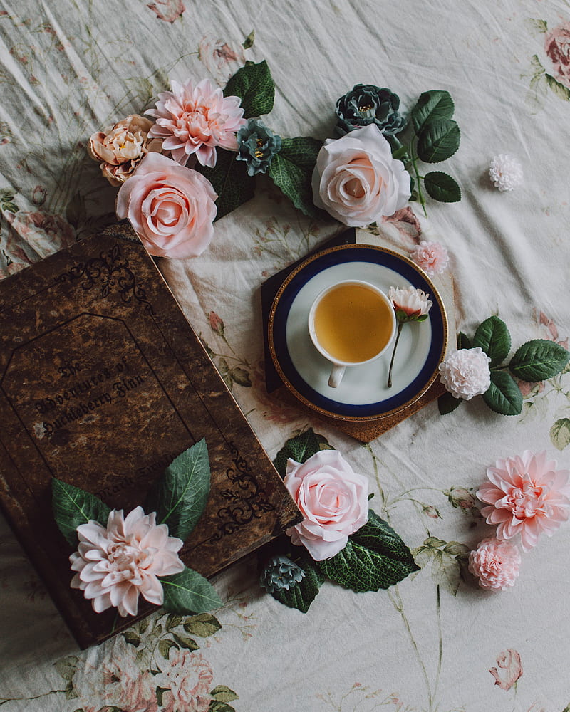 tea, cup, flowers, book, still life, HD phone wallpaper