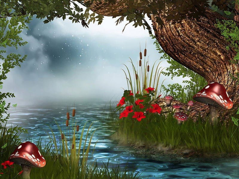 River in forest, forest, fantasy, grass, red flowers, reeds, mushrooms, river, trees, HD wallpaper