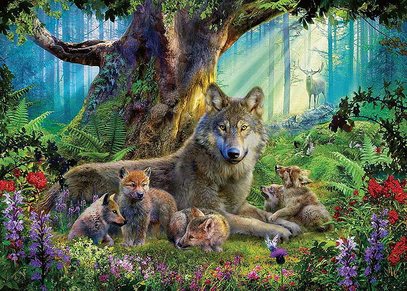 Wolves, vara, summer, lup, cub, wolf, puppy, forest, art, painting, pictura, HD wallpaper