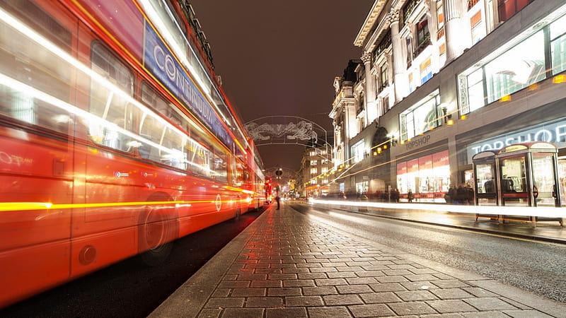 double decker buses in long exposure on london street, city, buses, long exposure, street, lights, night, HD wallpaper