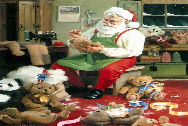 Helping Out, sewing, teddy bears, santa, christmas, elf, HD wallpaper